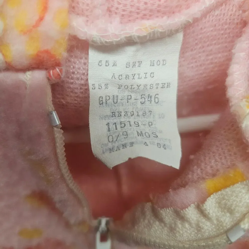 Vintage 80s Pink Footed Hooded Animal Floral Print Fleece Sleeper 0-9 Months